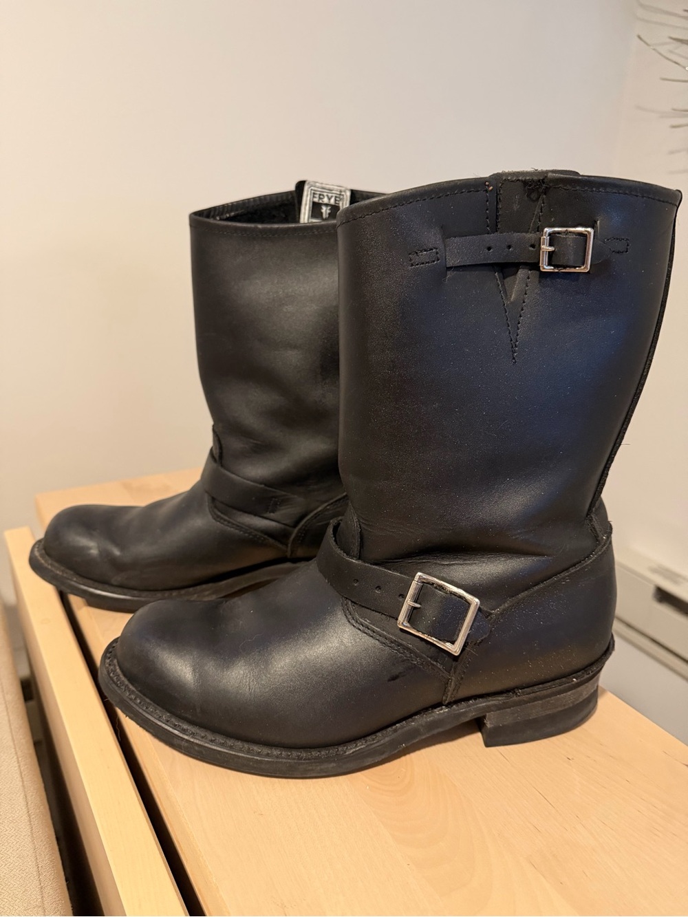 Frye Black Leather Mid-Calf Engineer Boots